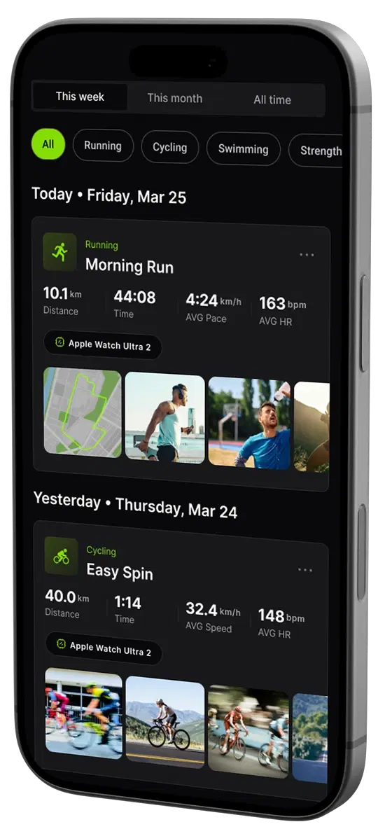 AURA app — weekly training activity feed